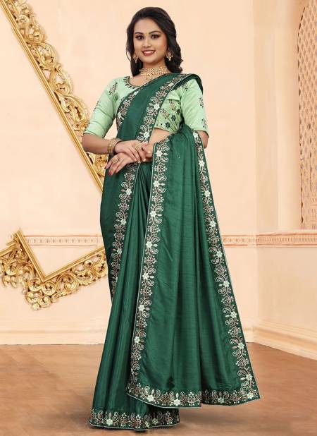Green Colour Stylish Designer Party Wear Silk Embroidery With Stone Work Saree Collection Svarna1001